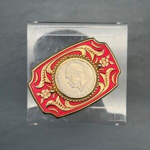 Vintage Belt Buckle 1971 Liberty Dollar Center Red Silver Enamel